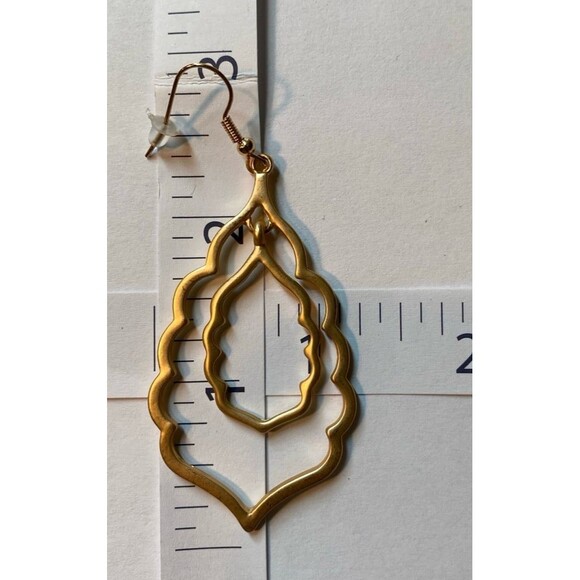 Gold Toned Double Drop Earrings Open Frame Lightweight Casual or Formal - Picture 6 of 8